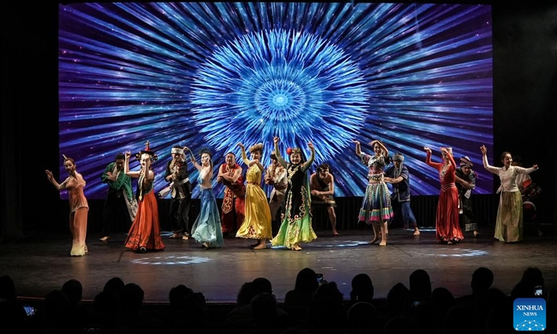 Dancers from China's Northwest Minzu University perform at the Colors of China: Ethnic Kaleidoscope evening gala in Sao Paulo, Brazil, Aug. 18, 2024. (Photo: Xinhua)