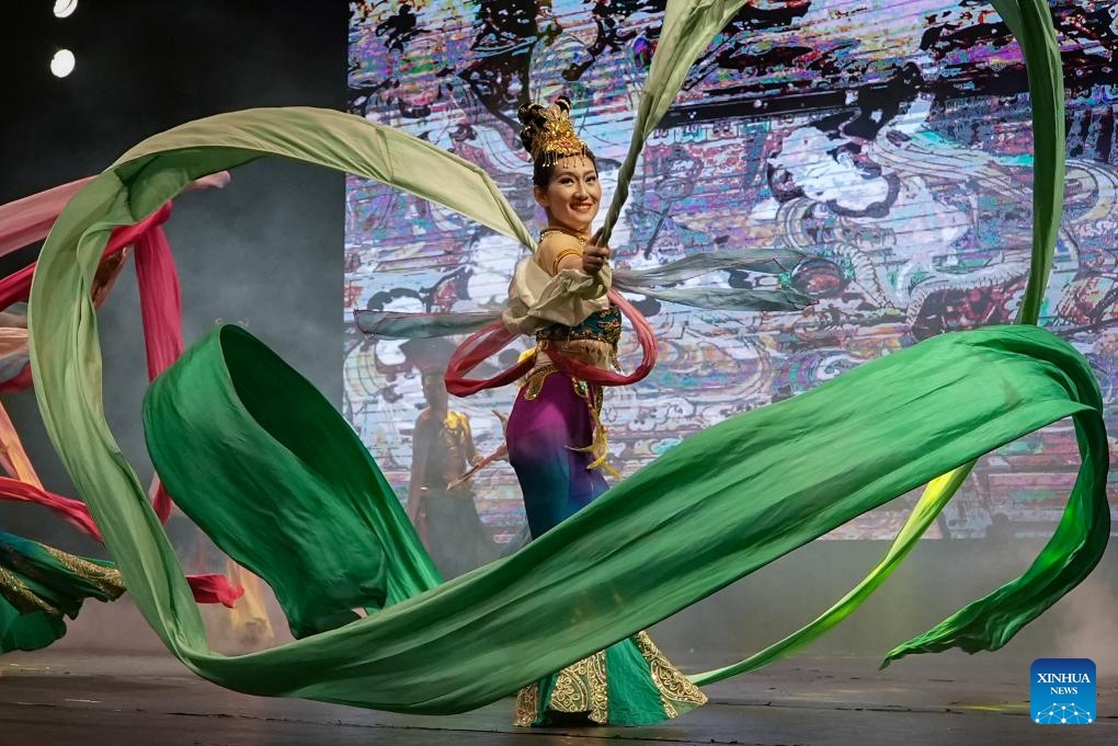 A dancer from China's Northwest Minzu University performs at the Colors of China: Ethnic Kaleidoscope evening gala in Sao Paulo, Brazil, Aug. 18, 2024. (Photo: Xinhua)