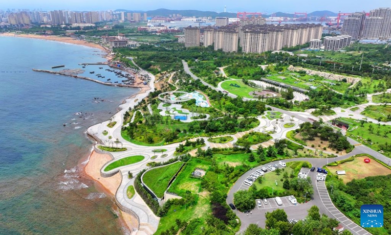 An aerial drone photo shows a beach park in Xihai'an (West Coast) New Area of Qingdao, east China's Shandong Province, Aug. 14, 2024. (Photo: Xinhua)