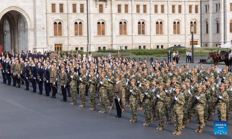 Newly graduated military officer candidates take their oath during a ceremony to celebrate Hungarian national holiday at Kossuth Square in front of the parliament building in Budapest, Hungary on Aug. 20, 2024. Hungary marked its national holiday and commemorated Saint Stephen (969-1038), the founding king of Hungary, on Tuesday. (Photo: Xinhua)