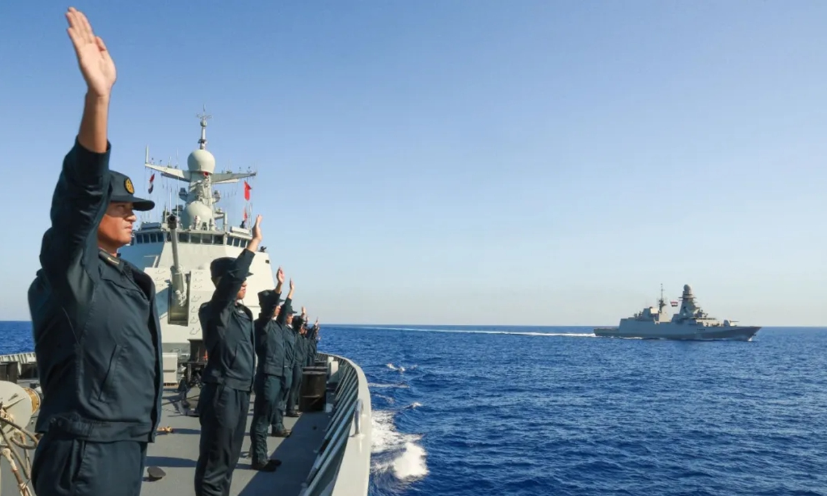 Chinese sailors wave goodbye to their Egyptian counterparts after a joint exercise on August 19,<strong></strong> 2024. Photo: Screenshot from WeChat account of the PLA Navy