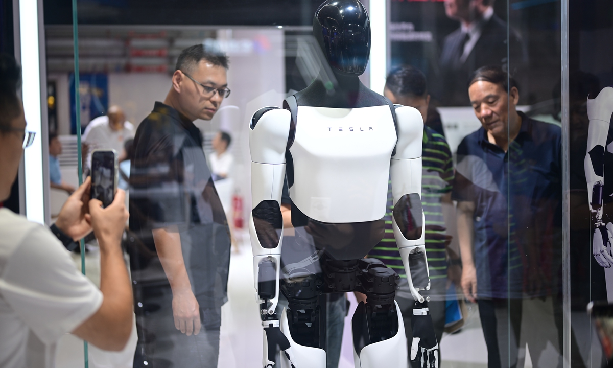 A model of Tesla's humanoid 'Optimus' is on display at the 2024 World Robot Conference held in Beijing on Wednesday. Photo: Tao Mingyang/GT