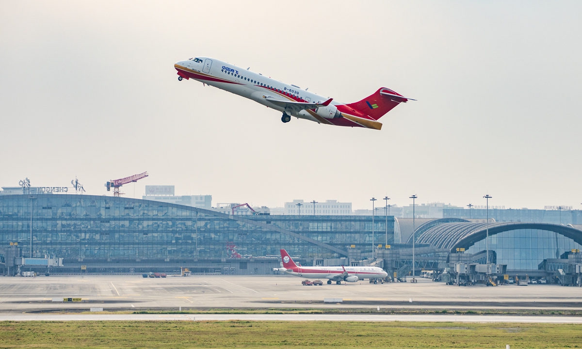 An ARJ21 aircraft takes off from Chengdu Shuangliu International Airport in Chengdu, Southwest China's Sichuan Province on August 21, 2024. Photo: Courtesy of COMAC