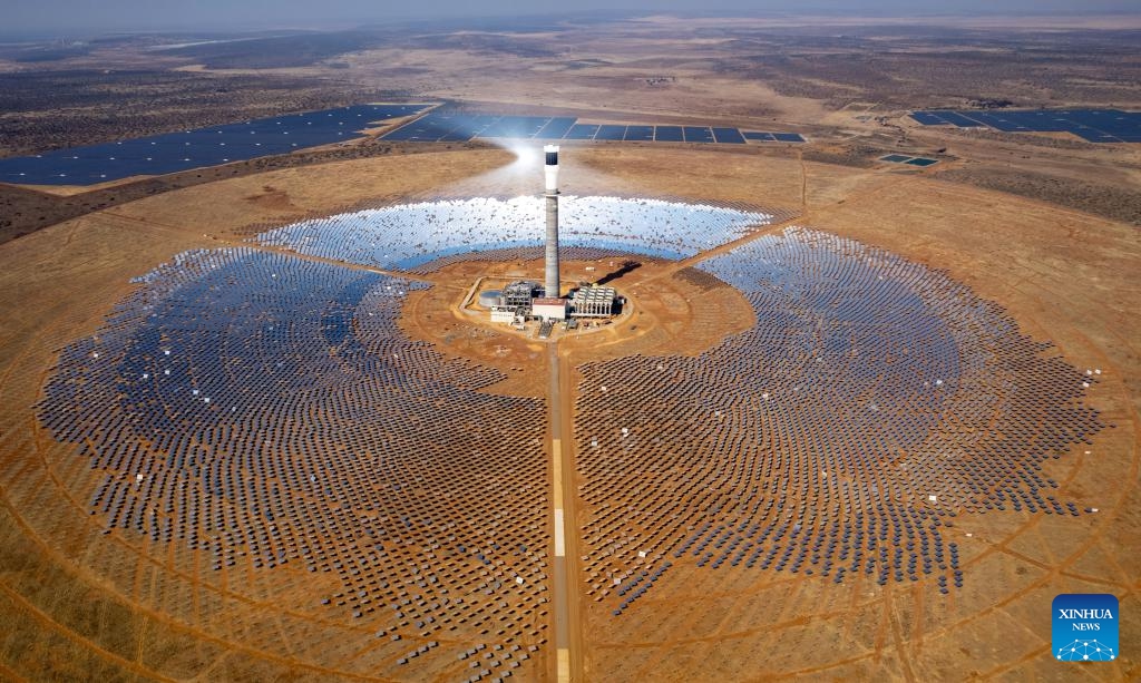 An aerial drone photo taken on Aug. 20, 2024 shows a view of the Redstone Concentrated Solar Thermal Power Project near Postmasburg in Northern Cape Province of South Africa. The project is one of the country's biggest renewable energy power plants. (Photo: Xinhua)