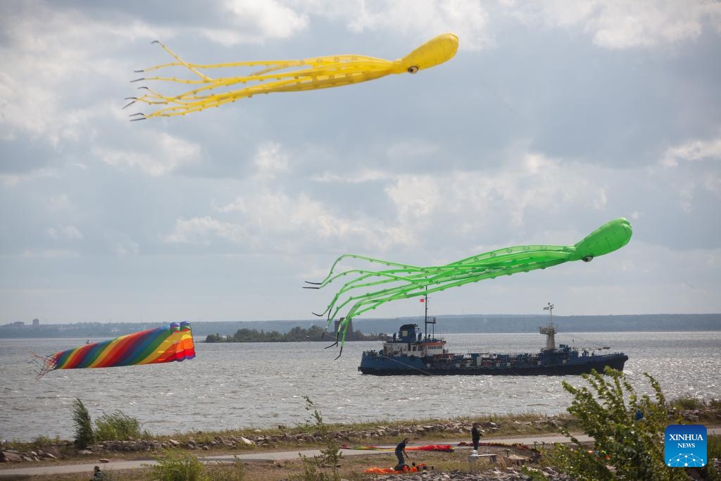 Kites fly in the sky during a kite festival in Kronstadt, St. Petersburg, Russia, Aug. 24, 2024. The festival was held here from Aug. 24 to 25. (Photo by Irina Motina/Xinhua)