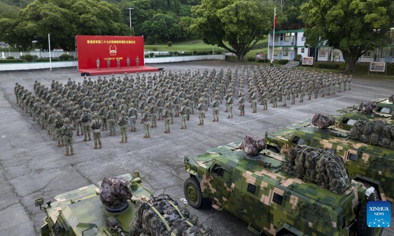 This photo taken on Aug. 25, 2024 shows a rotation ceremony of the Hong Kong Garrison of the Chinese People's Liberation Army (PLA) in Hong Kong, south China. (Photo by Zhang Yihan/Xinhua)