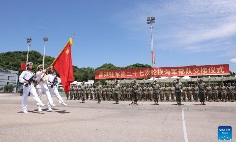 This photo taken on Aug. 25, 2024 shows a rotation ceremony of the Hong Kong Garrison of the Chinese People's Liberation Army (PLA) in Hong Kong, south China. (Photo by Zhang Junhong/Xinhua)