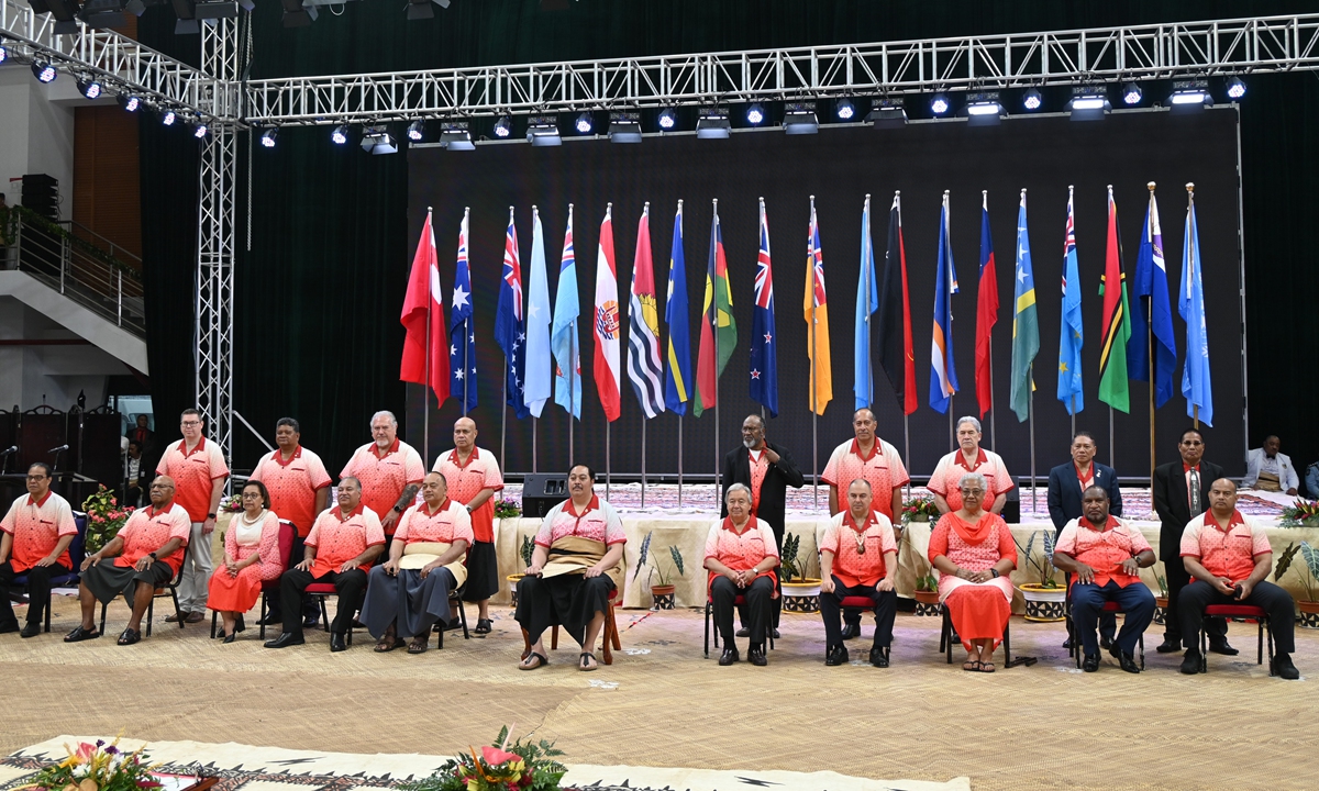 Tonga's Crown Prince Tupouto'a 'Ulukalala (center left), United Nations Secretary-General Antonio Guterres (center right) and leaders attend the 53rd Pacific Islands Forum Leaders Meeting in Nuku'alofa, Tonga, on August 26, 2024. The meeting will be held between August 26 and 30. Photo: IC