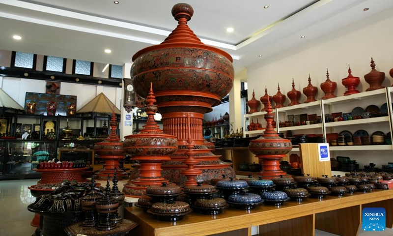 This photo taken on Aug. 24, 2024 shows colorful lacquerwares at a shop in Bagan, Myanmar, Aug. 24, 2024. (Photo: Xinhua)