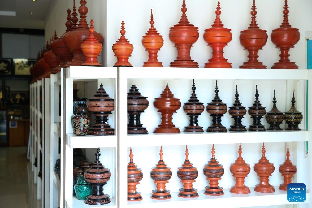 This photo taken on Aug. 24, 2024 shows colorful lacquerwares at a shop in Bagan, Myanmar, Aug. 24, 2024. (Photo: Xinhua)