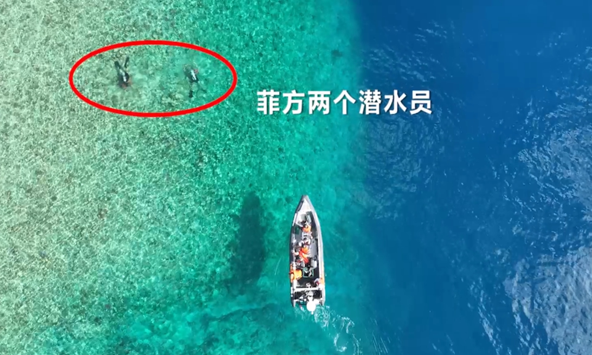 Two Philippine divers are sent to closely monitor China's activities underwater. Photo: screenshot of video provided by Chinese research team