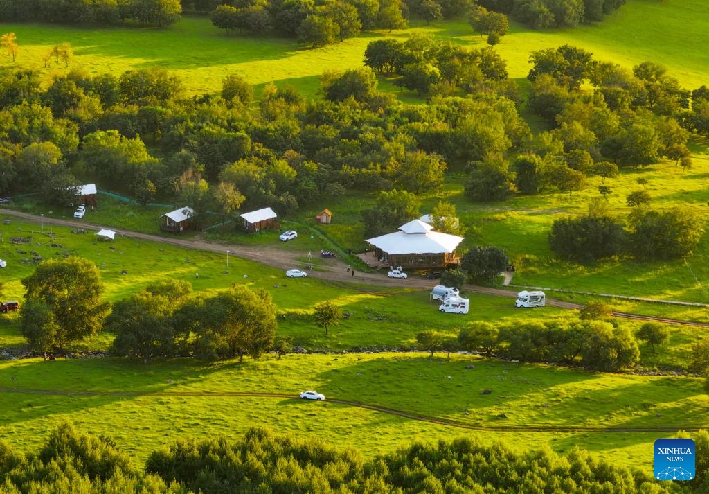 A drone photo taken on Aug. 8, 2024 shows a homestay deep in the Ulan Maodu grassland in Hinggan League, north China's Inner Mongolia Autonomous Region, Aug. 8, 2024. Following a booming ice-and-snow season last winter, northeast China's attractions, previously renowned for their spectacular winter scenes, are now experiencing a surge in summer tourism. (Photo: Xinhua)