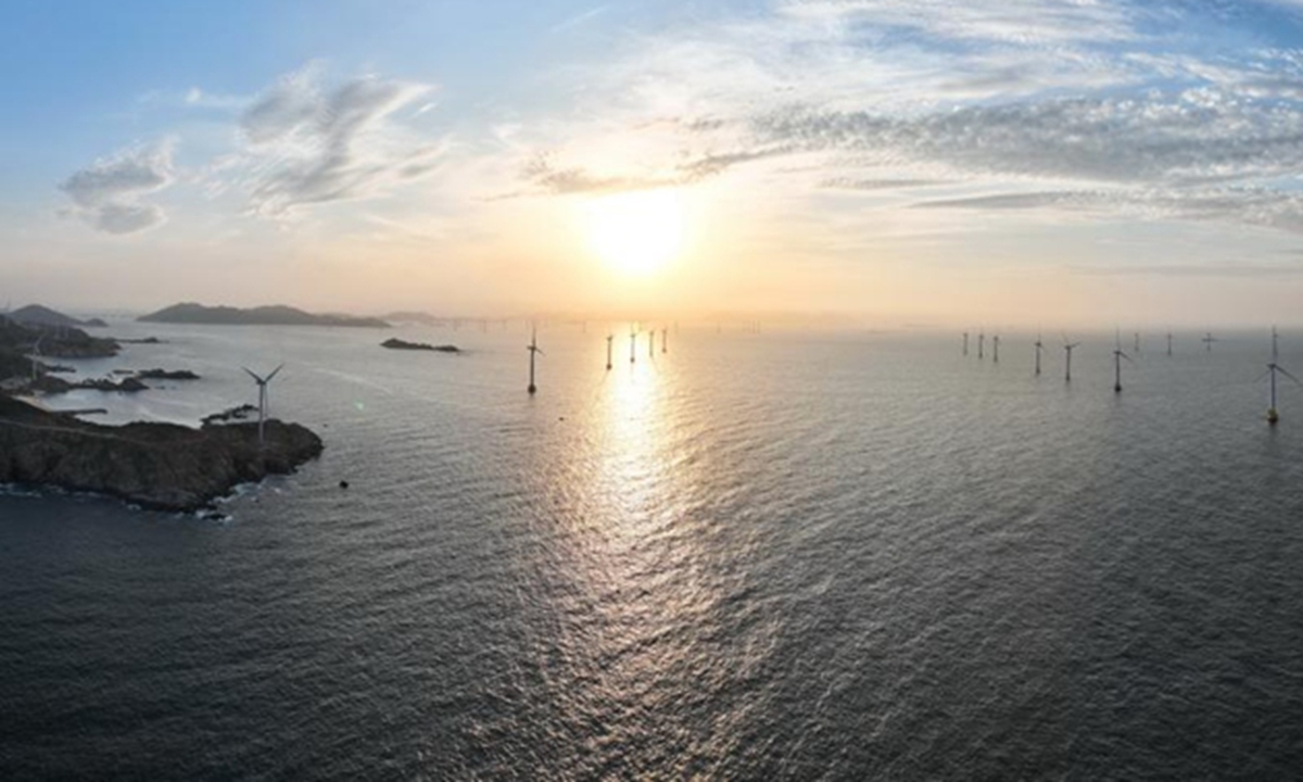 An aerial drone photo taken on May 17,<strong></strong> 2024 shows a wind farm off the coast of Pingtan County, southeast China's Fujian Province. In recent years, Fujian has accelerated the development of clean energy, including wind and nuclear power, to promote the green and low-carbon development of the society. Photo: Xinhua