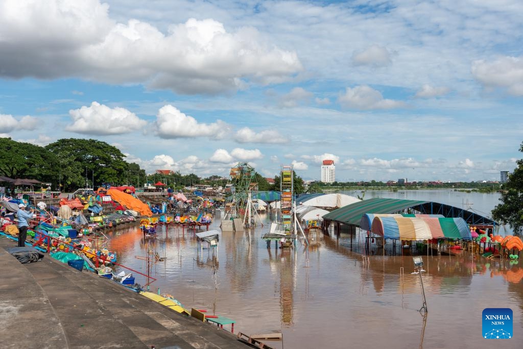 This photo taken on Aug. 26, 2024 shows rising water in Mekong River in Vientiane, capital of Laos. The water level of the Mekong has risen after continuous rainfall during rainy season in Laos. (Photo: Xinhua)