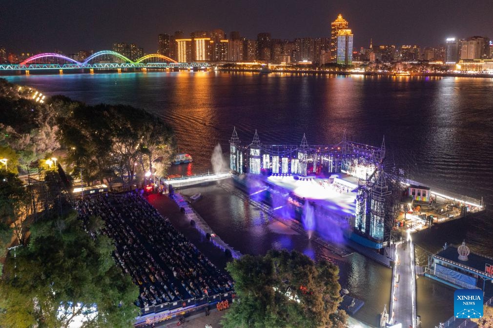 A drone photo shows the live-action performance Encounter Harbin at Sun Island scenic spot in Harbin, northeast China's Heilongjiang Province, June 10, 2024. In recent years, while the booming night economy in China's northeast region is providing local people and tourists with colorful nightlife options, it has given impetus to the growth of local economy. (Photo: Xinhua)