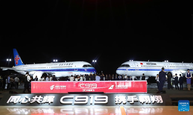 This photo shows a view of the delivery ceremony of China's large passenger aircraft C919 at a manufacturing center of Commercial Aircraft Corporation of China, Ltd. (COMAC) in Shanghai, east China, Aug. 28, 2024. Air China and China Southern Airlines, two major airlines in China, both received their first C919 large passenger aircraft delivered by COMAC here Wednesday. (Photo: Xinhua)