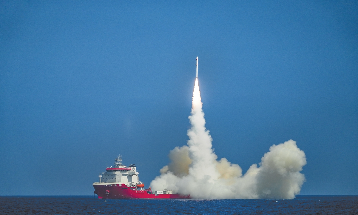 China launches a CERES-1 carrier rocket from the waters near East China's Shandong Province on August 29, 2024. The commercial rocket blasted off at 1:22 pm, carrying Yunyao-1 15, 16 and 17 satellites and three other satellites into planned orbits. Photo: VCG