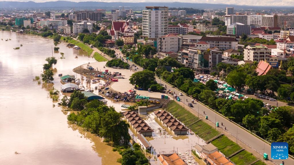 A drone photo taken on Aug. 26, 2024 shows rising water in Mekong River in Vientiane, capital of Laos. The water level of the Mekong has risen after continuous rainfall during rainy season in Laos. (Photo: Xinhua)