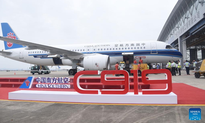 The first C919 aircraft of China Southern Airlines arrives at Guangzhou Baiyun International Airport in Guangzhou, south China's Guangdong Province, Aug. 29, 2024. China Southern Airlines announced on Thursday that it expects its first C919 passenger aircraft to enter commercial service by mid-September. The first C919 aircraft of the Guangzhou-based airline officially joined its fleet after landing at Guangzhou Baiyun International Airport on Thursday morning. (Photo: Xinhua)