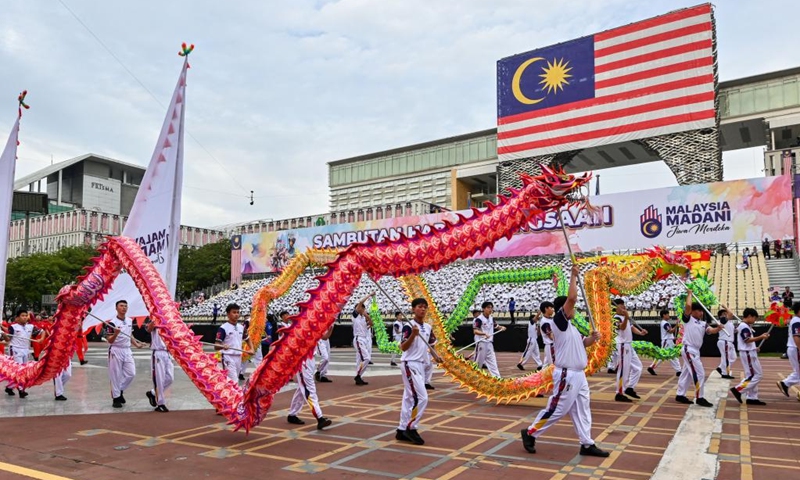 People take part in the National Day celebration rehearsal in Putrajaya, Malaysia, Aug. 29, 2024. Malaysia's National Day celebration will take place on Aug. 31. (Photo: Xinhua)