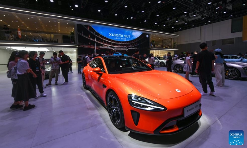 A Xiaomi SU7 car is on display during Chengdu Motor Show 2024 in Chengdu, southwest China's Sichuan Province, Aug. 30, 2024. The Chengdu Motor Show 2024 kicked off here on Friday. Nearly 130 Chinese and foreign car companies made appearance during the motor show, with more than 1,600 vehicles on display. (Xinhua/Tang Wenhao)