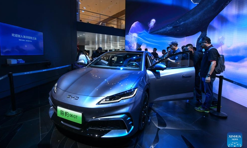 A BYD Seal 06GT electric car is on display during Chengdu Motor Show 2024 in Chengdu, southwest China's Sichuan Province, Aug. 30, 2024. The Chengdu Motor Show 2024 kicked off here on Friday. Nearly 130 Chinese and foreign car companies made appearance during the motor show, with more than 1,600 vehicles on display. (Xinhua/Tang Wenhao)