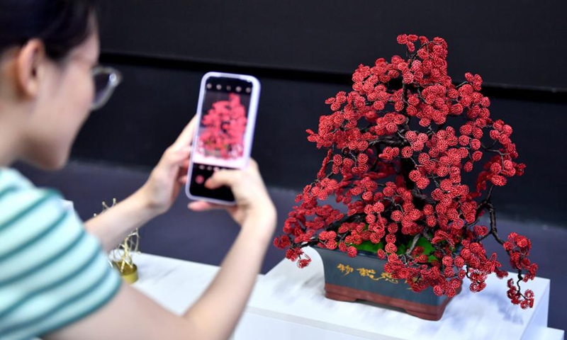 A visitor takes a picture of a handicraft made of wire mesh at an exhibition hall in Anping, north China's Hebei Province, Aug. 30, 2024. Photo: Xinhua