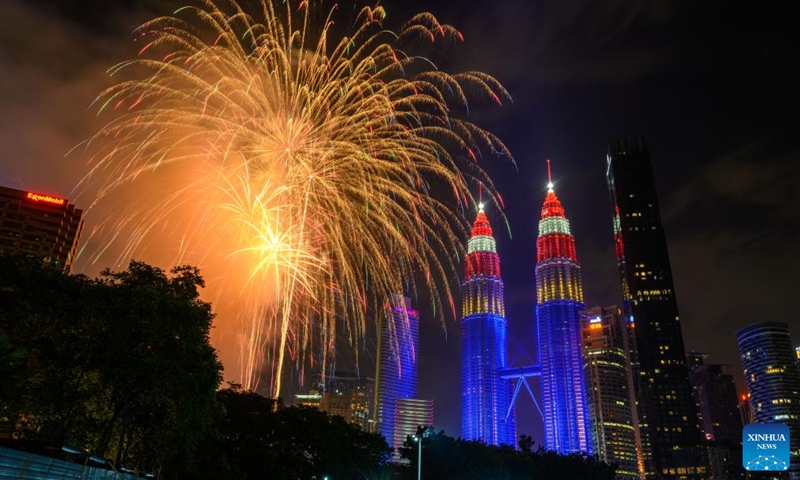 Fireworks explode above the Petronas Twin Towers in celebration of Malaysia's 67th anniversary of independence in Kuala Lumpur, Malaysia, Aug. 31, 2024. Malaysia marked the 67th anniversary of independence on Saturday, with a huge public turnout at the administration center of Putrajaya to mark the National Day. Photo: Xinhua