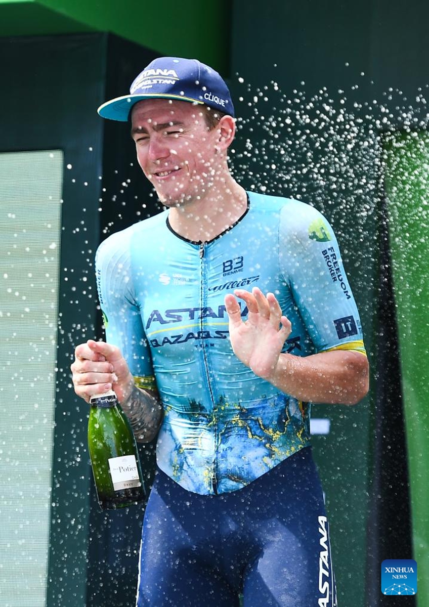 Russia's Ivan Smirnov of Astana Qazaqstan Team celebrates after winning Stage 5 of the 15th Tour of Hainan Island cycling race from Changjiang to Sanya, south China's Hainan Province, Aug. 31, 2024. Photo: Xinhua