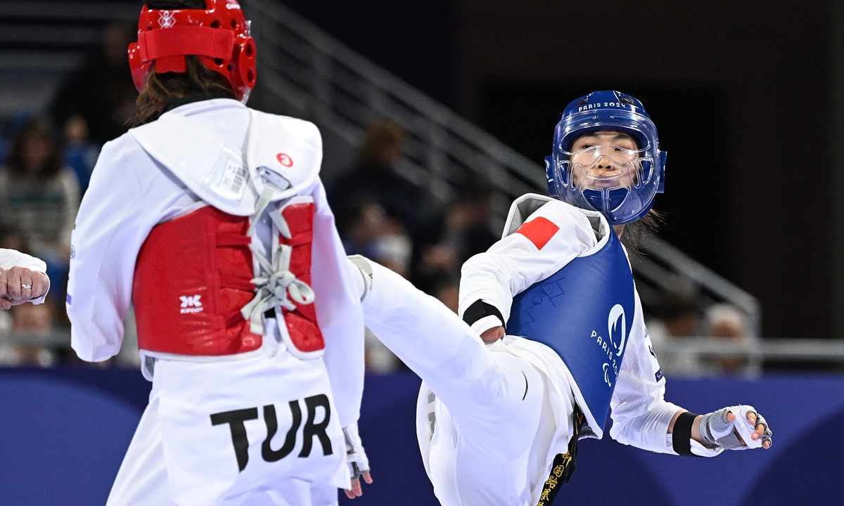 Li Yujie competes during the Para Taekwondo women's K44 -57kg final on August 30, 2024 in Paris, France.   Photo: VCG