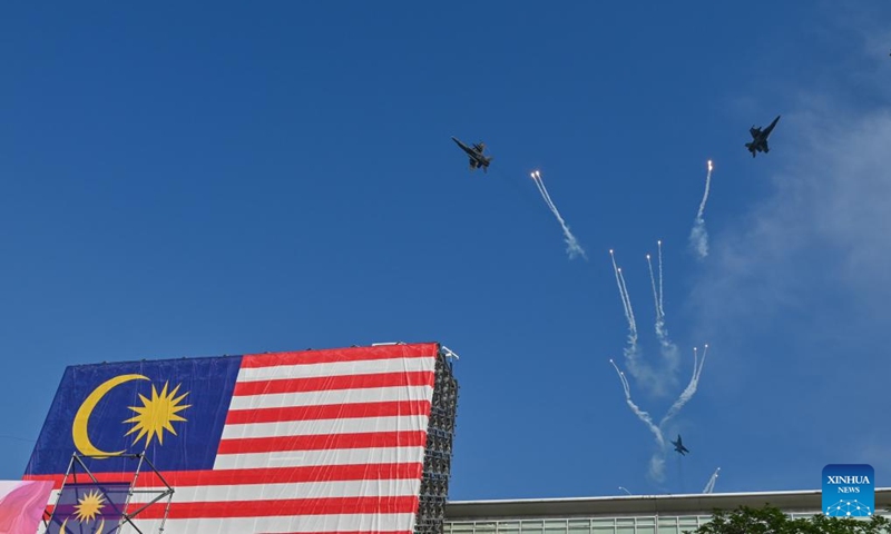 An air show is staged at the celebration event marking Malaysia's 67th anniversary of independence in Putrajaya, Malaysia, Aug. 31, 2024. Malaysia marked the 67th anniversary of independence on Saturday, with a huge public turnout at the administration center of Putrajaya to mark the National Day. Photo: Xinhua