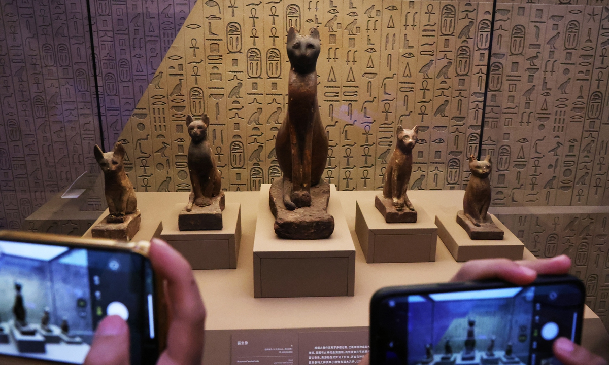 Visitors take photos of cat statuettes at an Ancient Egyptian exhibition in Shanghai on August 7, 2024. Photo: VCG