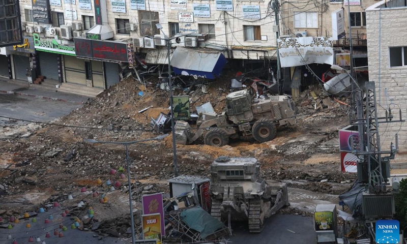 An Israeli bulldozer and a loader destroy a road in the northern West Bank city of Jenin, on Sept. 2, 2024. The Israeli forces continued operation on Jenin and its camp for the sixth consecutive day on Monday, the Palestinian official news agency WAFA reported. WAFA said that the operation has caused widespread destruction of infrastructure, including water and electricity networks, as well as people's property. (Photo: Xinhua)