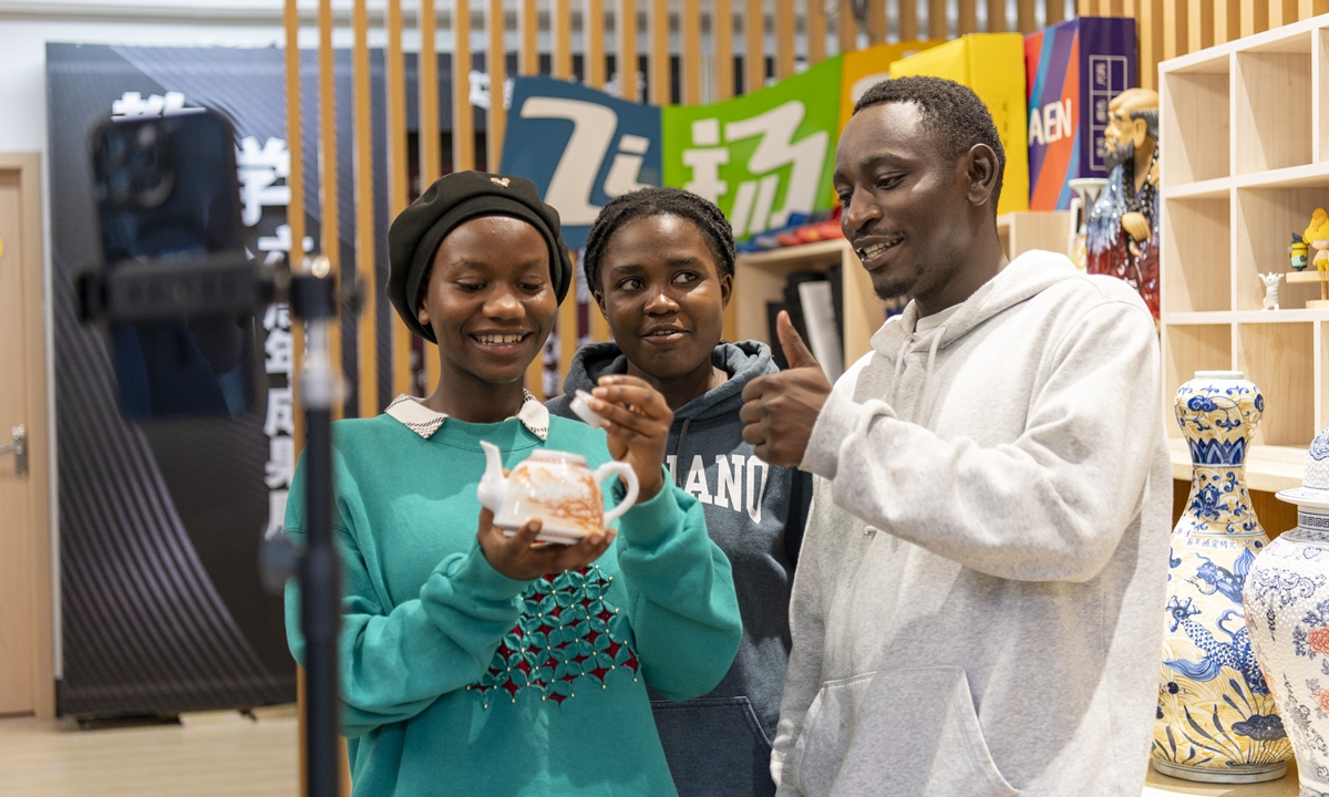 African international students practice livestreaming sales in Jinhua, East China's Zhejiang Province, on June 25, 2024. Photo: VCG 