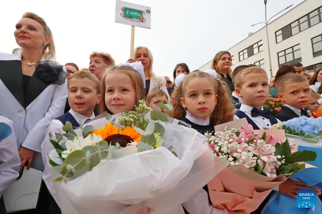 Primary school students attend the opening ceremony of the new school year in Minsk, Belarus, Sept. 2, 2024. (Photo: Xinhua)