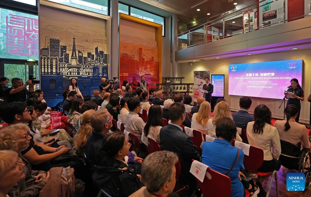 Photo taken on Sept. 3, 2024 shows a view of the opening ceremony of the Beautiful Crafts Workshop, Blossoming in Paris exhibition of cultural and creative works by women with disabilities at Chinese Cultural Center in Paris, France, Sept. 3, 2024. (Photo: Xinhua)