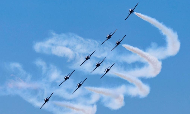 The Canadian Forces Snowbirds perform during the 2024 Canadian International Air Show in Toronto, Canada, Sept. 2, 2024. The annual air show was held here from Aug. 31 to Sept. 2 this year. (Photo: Xinhua)