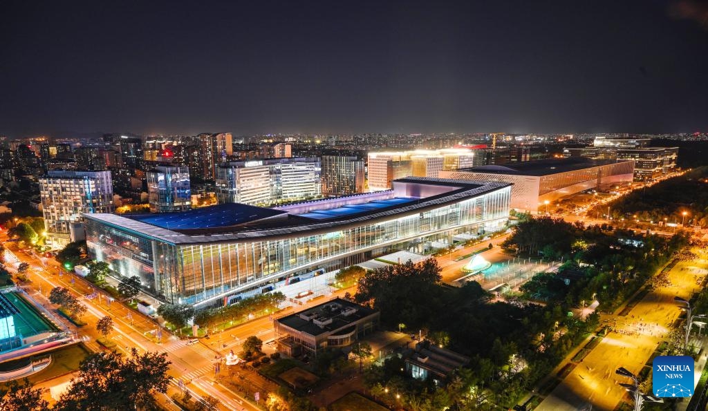 This photo taken on Sept. 2, 2024 shows a night view of the China National Convention Center in Beijing, capital of China. The 2024 Summit of the Forum on China-Africa Cooperation (FOCAC) is scheduled to take place in Beijing from Sept. 4 to 6. (Photo: Xinhua)