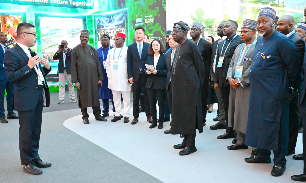 Nigerian President Bola Tinubu (center),<strong></strong> accompanied by Nigerian ministers and officials, visits an exhibition hall on smart technologies at Chinese tech giant Huawei's headquarters in Beijing on September 2, 2024. Tinubu is in Beijing for the 2024 Summit of the Forum on China-Africa Cooperation (FOCAC) and a state visit. Photo: X account of Uba Sani, governor of Nigeria's Kaduna State