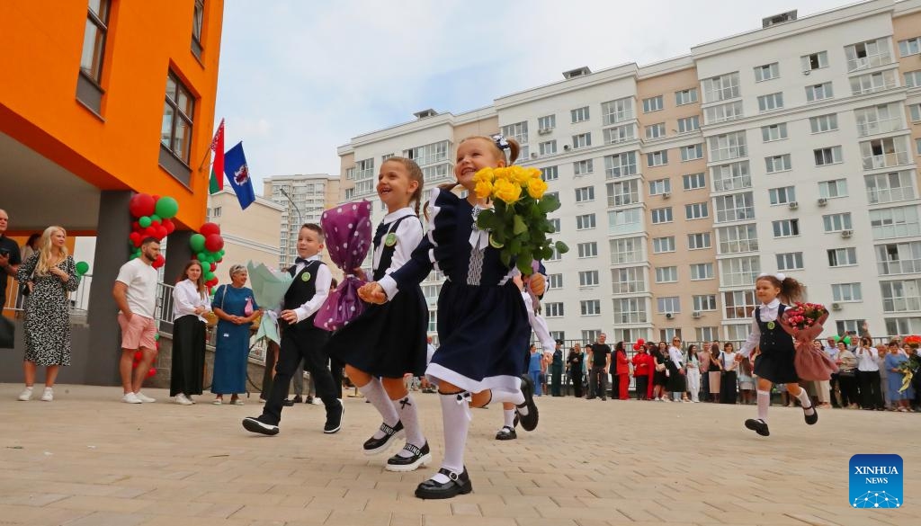 Primary school students attend the opening ceremony of the new school year in Minsk, Belarus, Sept. 2, 2024. (Photo: Xinhua)