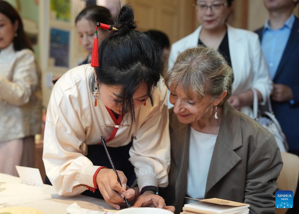 A visitor experiences wooden comb painting during the Beautiful Crafts Workshop, Blossoming in Paris exhibition of cultural and creative works by women with disabilities at Chinese Cultural Center in Paris, France, Sept. 3, 2024 (Photo: Xinhua)