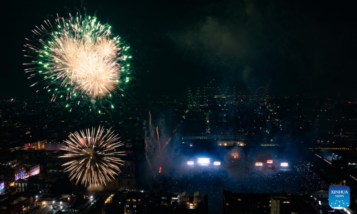 An aerial drone photo shows fireworks released to celebrate Mexico's Independence Day, in Mexico City, Mexico, Sep 15, 2024. Mexico marks its annual Independence Day on Sep 16. Photo:Xinhua