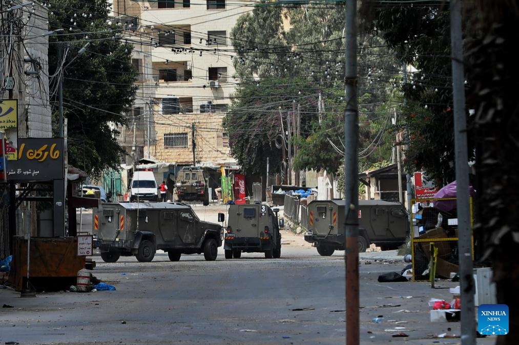 Israeli military vehicles are seen during an Israeli operation in the northern West Bank city of Jenin, on Sept. 4, 2024. Israel's military operations across the West Bank starting from Aug. 28 have caused great damages and casualties. (Photo: Xinhua)