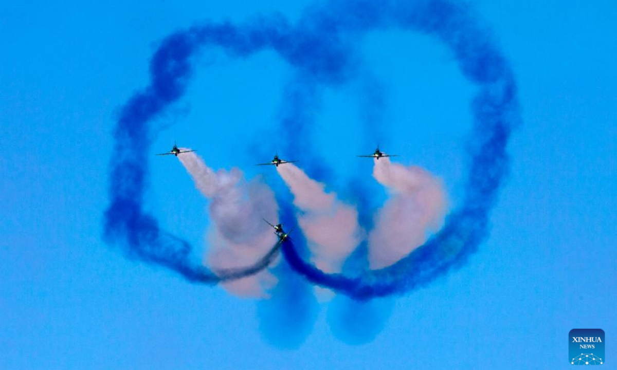 Aircraft from Saudi Arabia perform during an air show at the Tanagra Air Base, some 70 kilometers north of Athens, Greece, Sep 15, 2024. The 12th edition of Athens Flying Week kicked off here on Sunday. Photo:Xinhua