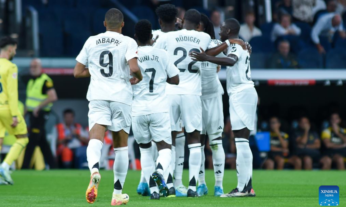 Players of Real Madrid celebrate a goal during the La Liga football match between Real Madrid and Villarreal in Madrid, Spain, on Oct. 5, 2024. (Photo: Xinhua)