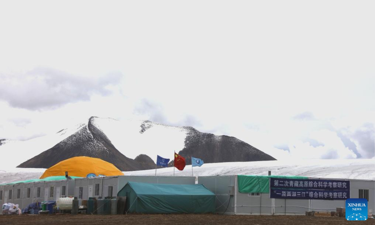 A drone photo shows a Chinese scientific expedition base camp, located 2 to 3 km from the end of No. 10 glacier of the Purog Kangri Glacier in southwest China's Xizang Autonomous Region, Sep 4, 2024. Photo:Xinhua