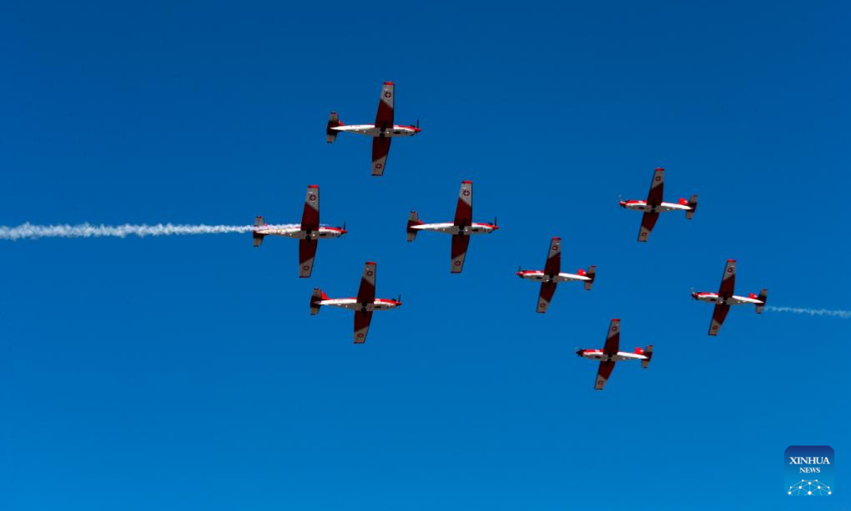 Aircraft from Switzerland perform during an air show at the Tanagra Air Base, some 70 kilometers north of Athens, Greece, Sept. 15, 2024. The 12th edition of Athens Flying Week kicked off here on Sunday. Photo:Xinhua