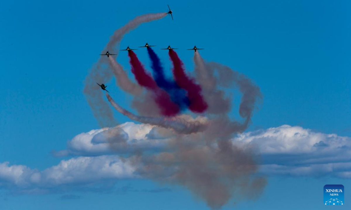 Aircraft from Saudi Arabia perform during an air show at the Tanagra Air Base, some 70 kilometers north of Athens, Greece, Sep 15, 2024. The 12th edition of Athens Flying Week kicked off here on Sunday. Photo:Xinhua