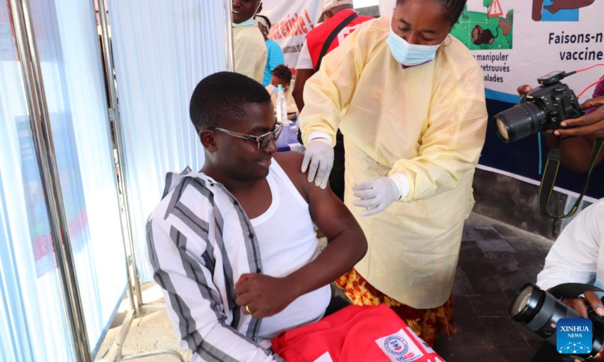 A medical staff member administers a dose of mpox vaccine to a local resident at a hospital in Goma, North Kivu Province, the Democratic Republic of the Congo (DRC), Oct. 5, 2024. The Democratic Republic of the Congo (DRC) launched on Saturday a vaccination campaign against mpox in Goma, the capital of the eastern North Kivu province. (Photo: Xinhua)