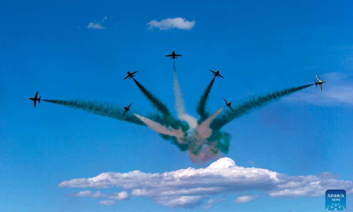 Aircraft from Saudi Arabia perform during an air show at the Tanagra Air Base, some 70 kilometers north of Athens, Greece, Sep 15, 2024. The 12th edition of Athens Flying Week kicked off here on Sunday. Photo:Xinhua